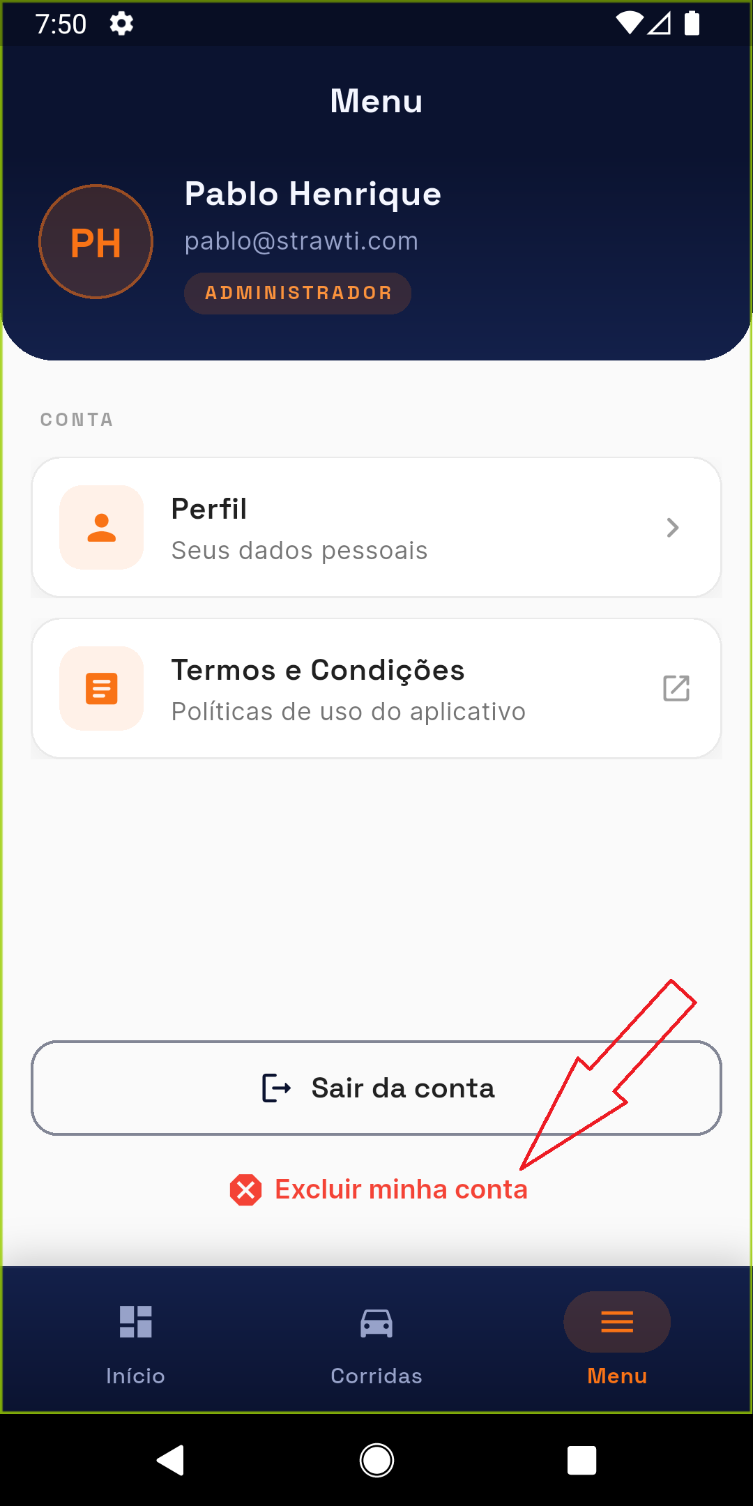 Tela de Menu do app Gemobi com o botão Excluir minha conta destacado abaixo de Sair da conta
